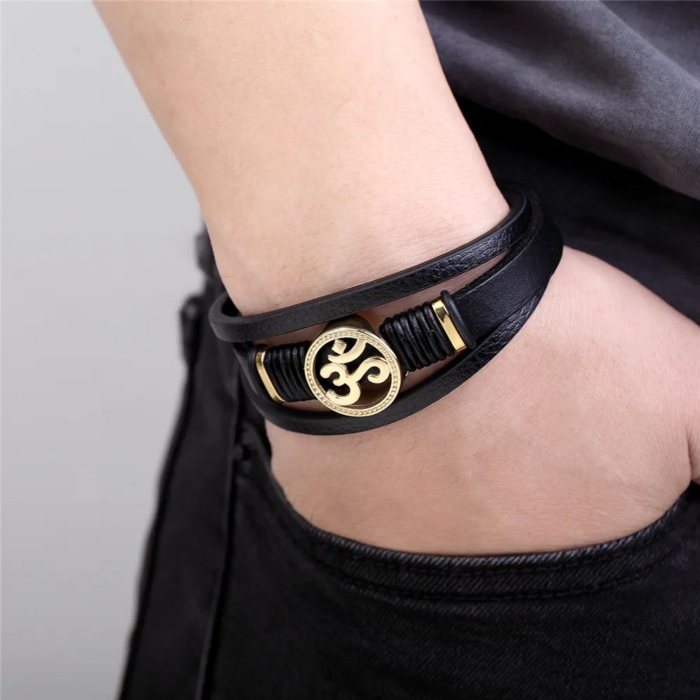 Pulsera de cuero genuino negro para hombres