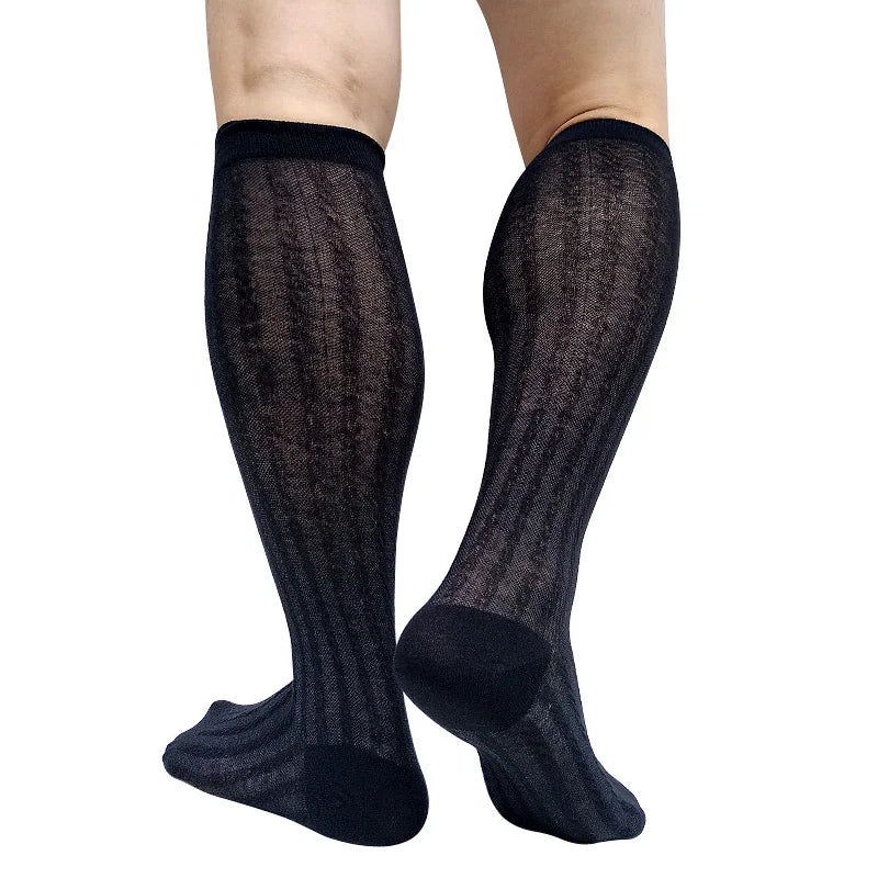 Calcetines de algodón a rayas para hombre, medias de negocios de tubo largo hasta la rodilla, traje Formal, transparente, de malla, manguera transpirable