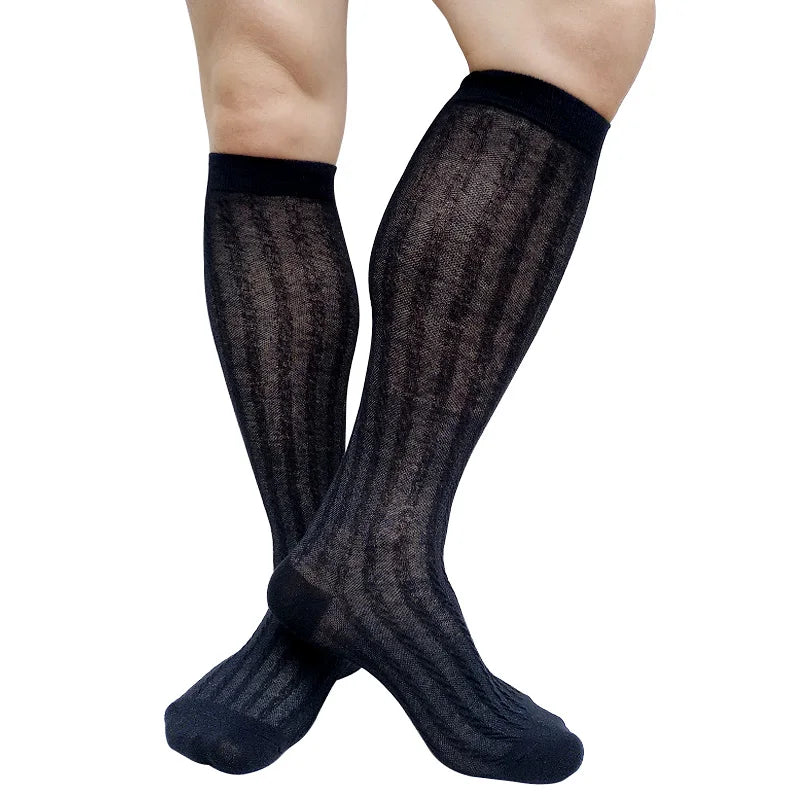 Calcetines de algodón a rayas para hombre, medias de negocios de tubo largo hasta la rodilla, traje Formal, transparente, de malla, manguera transpirable