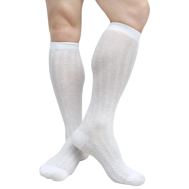 Calcetines de algodón a rayas para hombre, medias de negocios de tubo largo hasta la rodilla, traje Formal, transparente, de malla, manguera transpirable